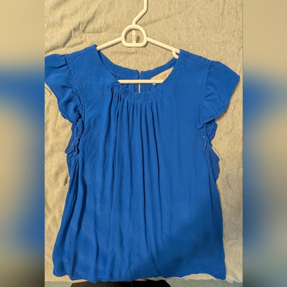 LOFT Blue Ruffled Cap Sleeve Blouse
